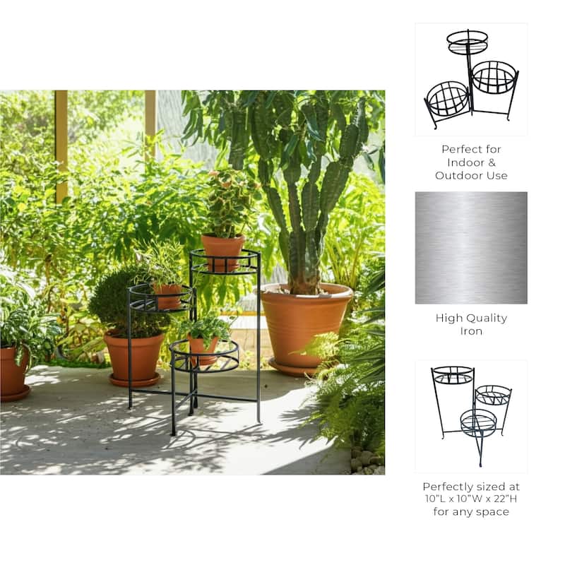 Metal Plant Stand 3-Tier Round Grid Design Powder-Coated - 22" Black - 10" x 10" x 22"