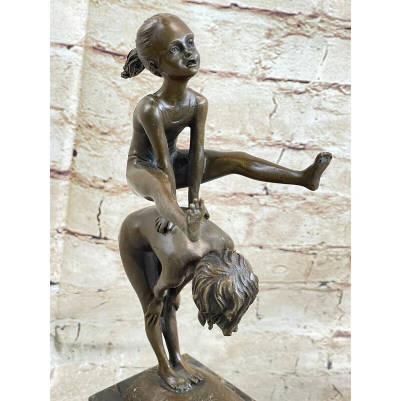 Original Milo Kids Playing Leap Frog Bronze Sculpture Hot Cast Marble Base Decor