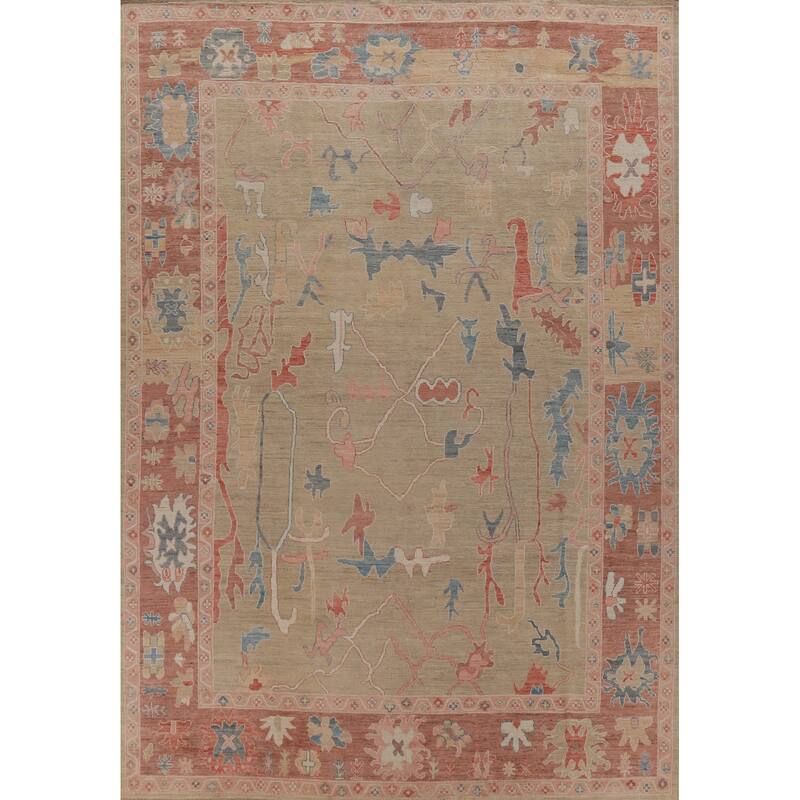 Hand Knotted Oriental 100% Wool Carpet Transitional All-Over Beige & Ivories Oushak Area Rug - 12' 2'' X 9' 4''