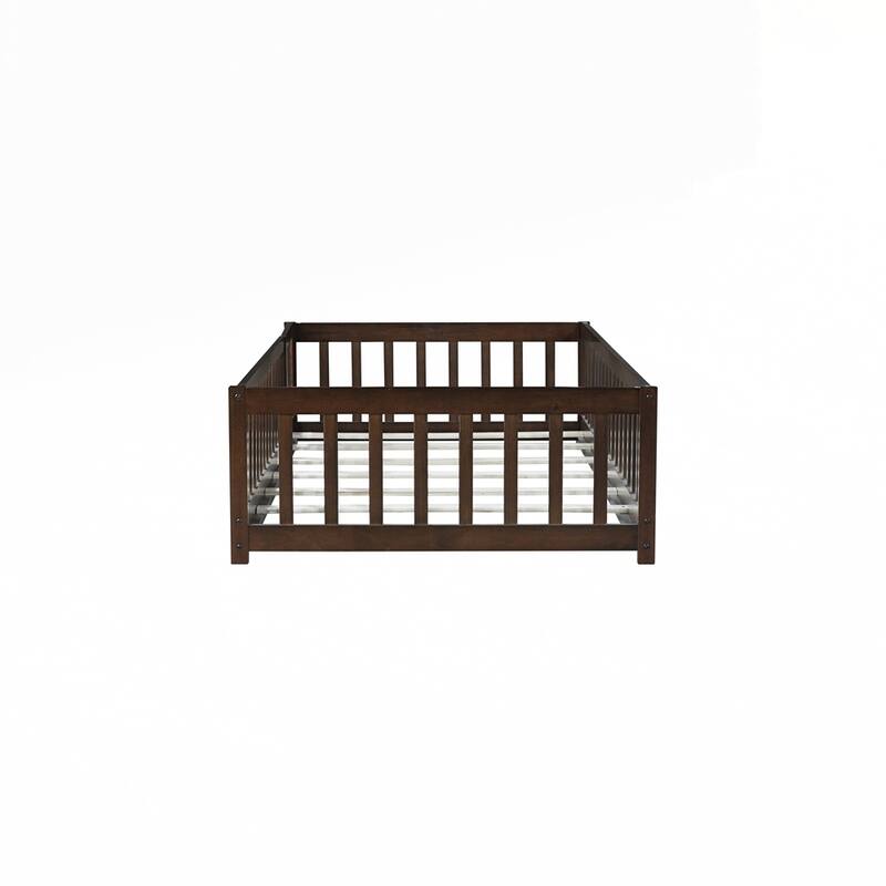 Rubber Wood Floor Bed with Safety Guardrails