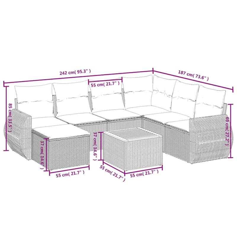 vidaXL 8 Piece Patio Sofa Set with Cushions Black Poly Rattan - 24.4 x 24.4 x 27.2