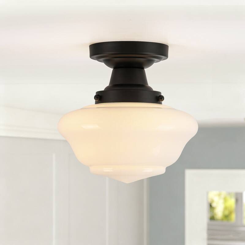 8.7" 1-Light Vintage Brass/Black Milk Glass Flush Mount Ceiling Light for Hallway - 1 Light - Black