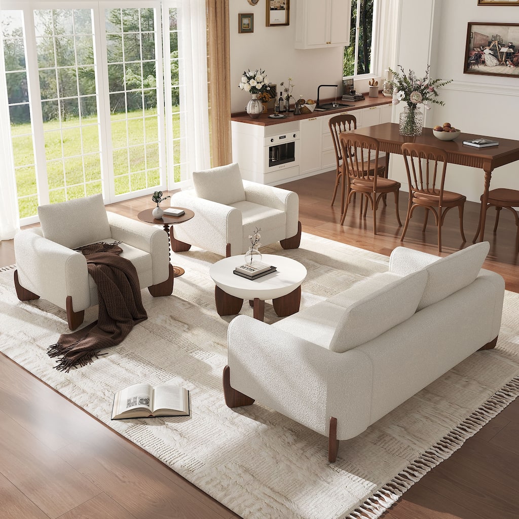 Roomfitters Modern 3-Piece Living Room Sofa Set, Bouclé Fabric Loveseat and 2 Armchairs Pack, Pinewood Lounge
