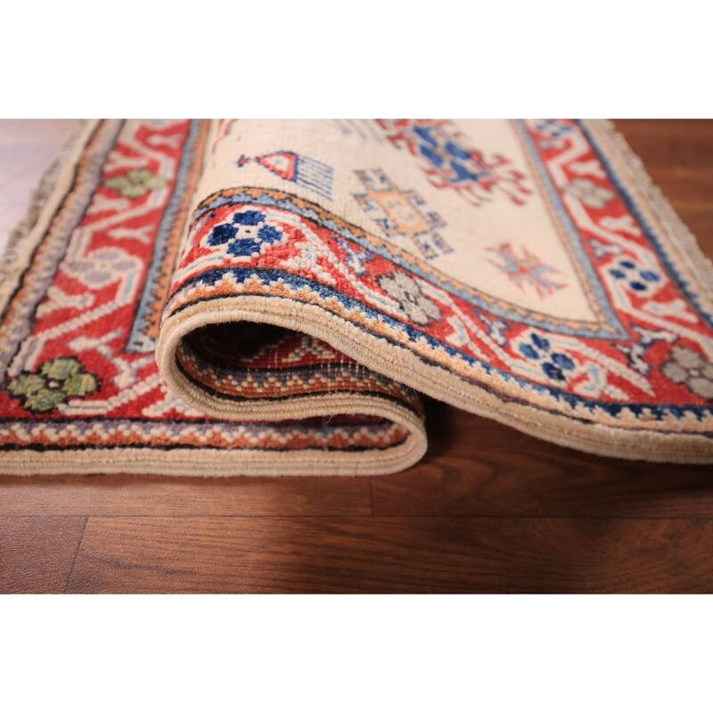 Ivory Geometric Kazak Oriental Foyer Rug Hand-Knotted Wool Carpet - 2'0" x 3'0"