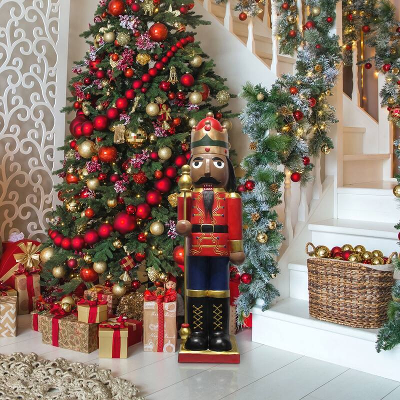 Fraser Hill Farm 48-In. African American Nutcracker Holding Staff MGO Figurine, Red/Blue