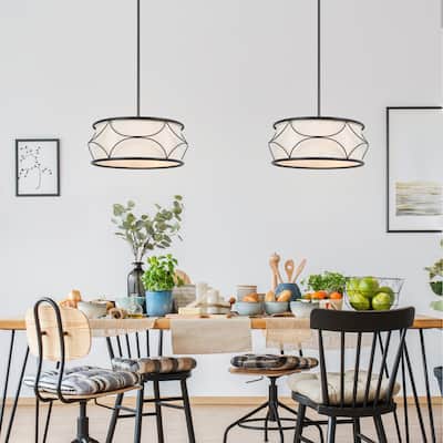 Flot Modern Farmhouse 3-light Drum Chandeliers Fabric Shade Ceiling Hanging Pendant Lamp - D 17.5'' x H 68.5''