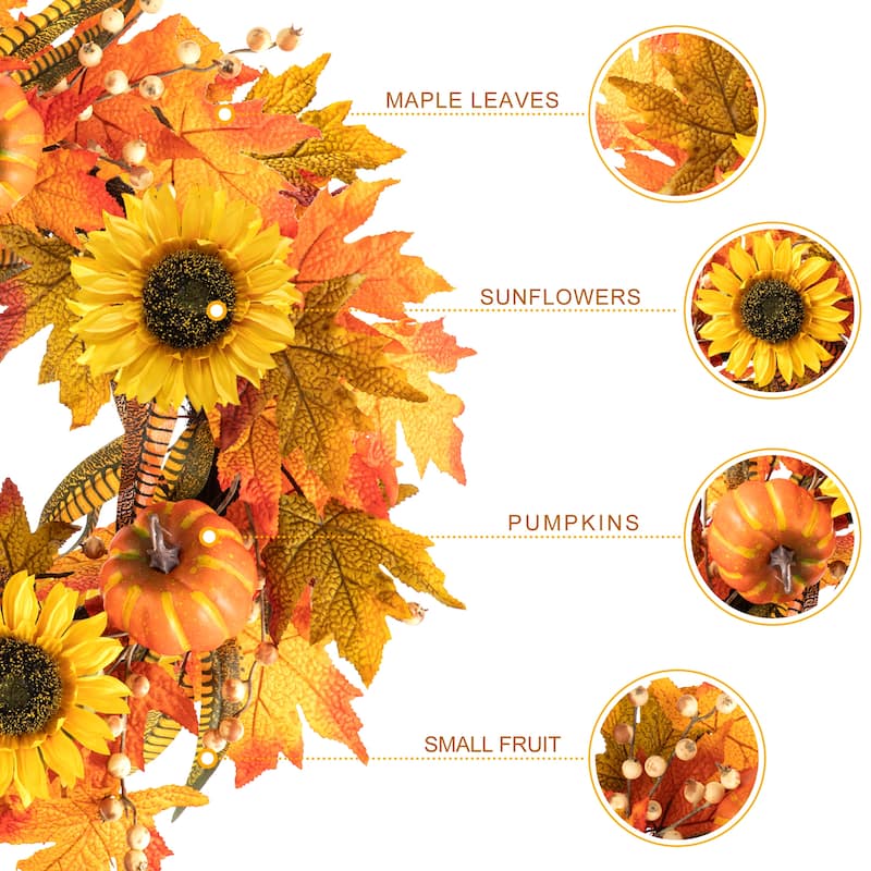 Glitzhome 24"D Fall Pumpkin Sunflower Lotus Floral & Wreath for Thanksgiving