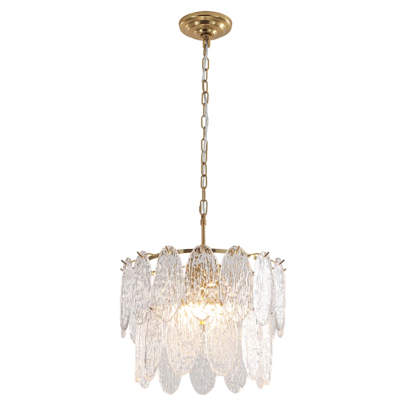 15.7" 2-Light Modern Luxury Gold Handmade Clear Textured Leaf-Shaped Glass Tiered Chandelier for Living Room, Dining Room