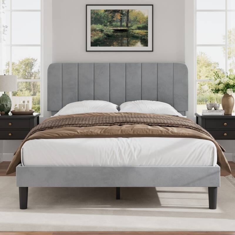 Javlergo Upholstered Bed Frames with Height-adjustable Headboard - Light Grey - Full