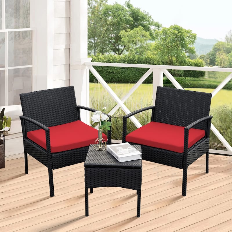 3 PCS Outdoor Patio Bistro, Rattan Conversation Chairs Set, Balcony Furniture Set - 28"H x 23.3"W x 23.3"D - Red