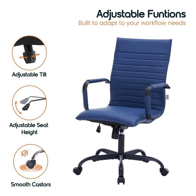 Harris Ribbed Leather Adjustable High-Back Desk Computer Swivel Office Chair in Black Metal Frame for Home Conference