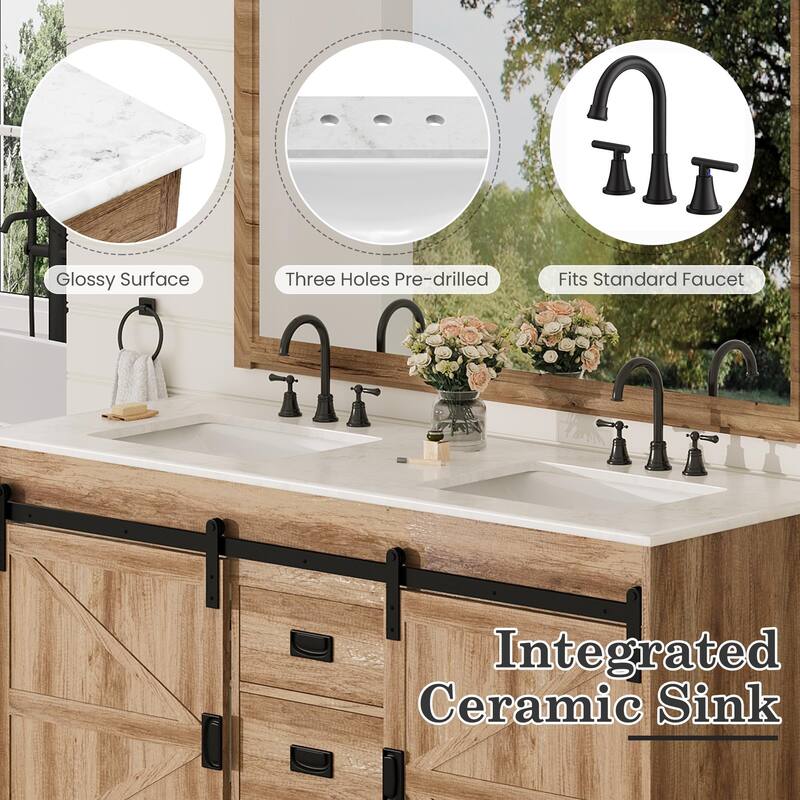 EROMMY Farmhouse Bathroom Vanity with Ceramic Top and Sliding Barn Door Sink Cabinet
