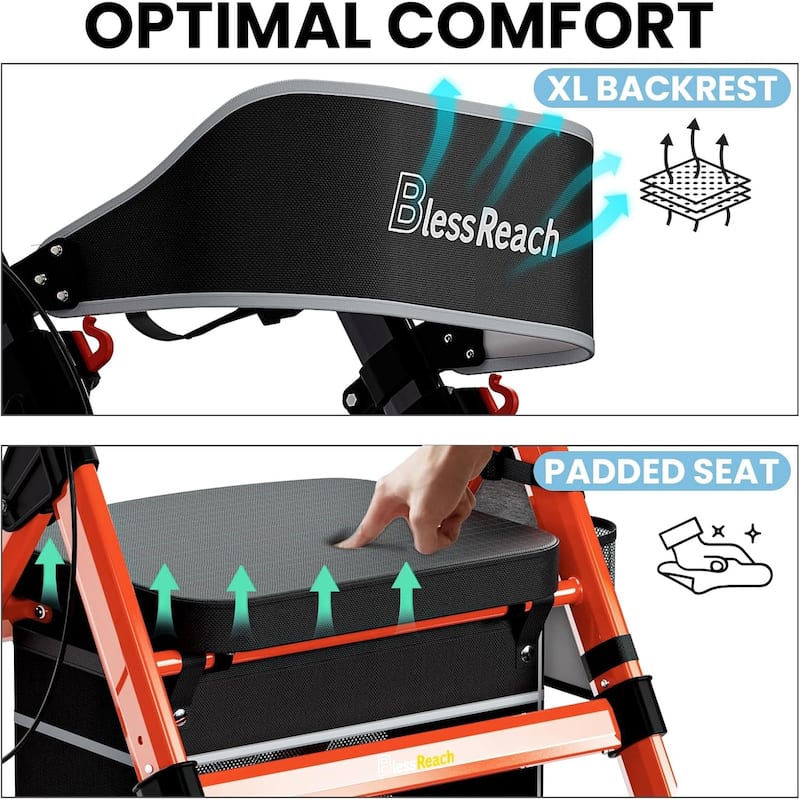 Foldable Rollator Walkers with Seat for Seniors, 450 lb Capacity, 8" Wheels, 18" Big Seat, 6-Position Adjustable Height