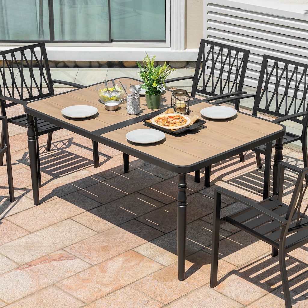 Patio Rectangle Dining Table with Umbrella Hole, Wood-Grain Tabletop