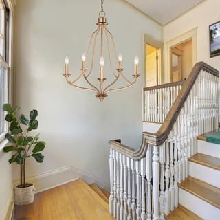 Modern Glam Gold 5-light Empire Wheel Chandelier Candle Ceiling Lighting for Foyer, Stairs - D24" x H89"