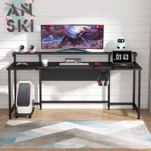 U Shaped Computer Desk with Hutch, 70.8 Inch Gaming Desk with Monitor Stand for Home Office