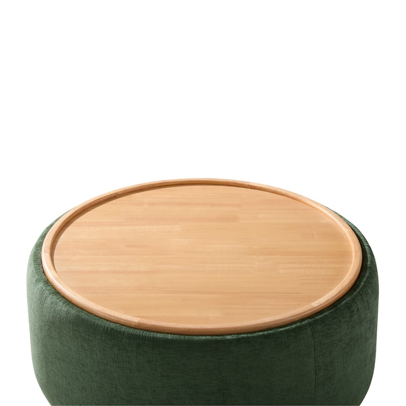 Roomfitters 29 Inch Round Storage Ottoman with Reversible Wooden Tray Top, Upholstered Coffee Table for Living Room