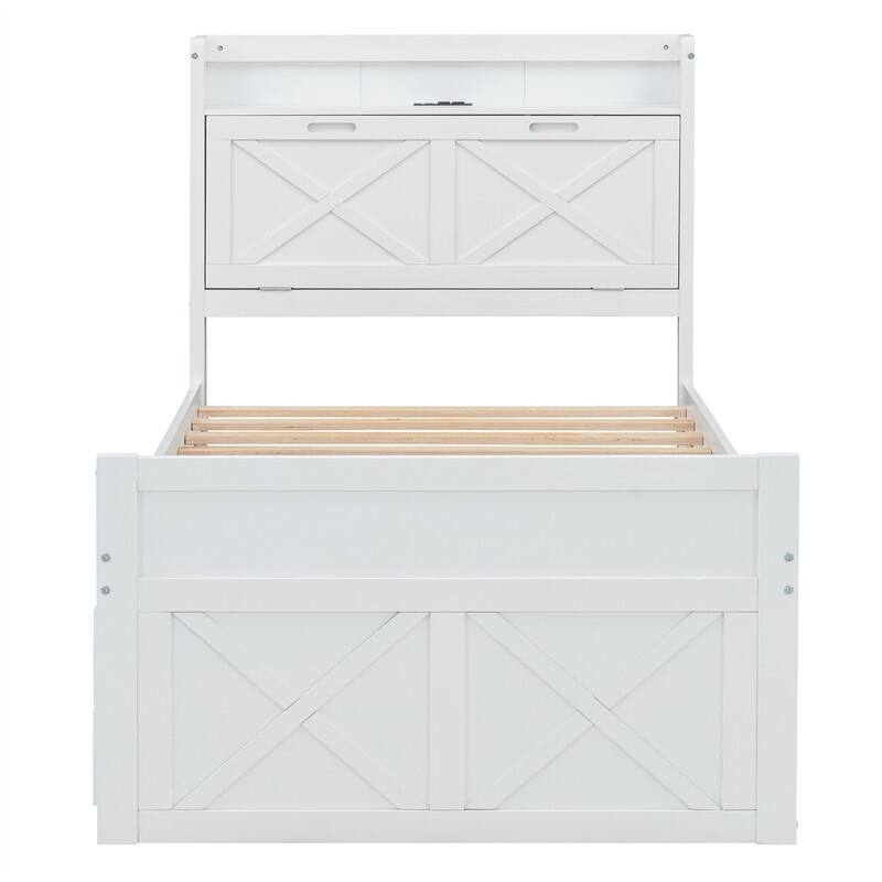 Wooden Platform Bed with Twin Size Trundle and 2 Drawers Underneath, Twin/Full Size Bed Frame with Storage Headboard and Outlets