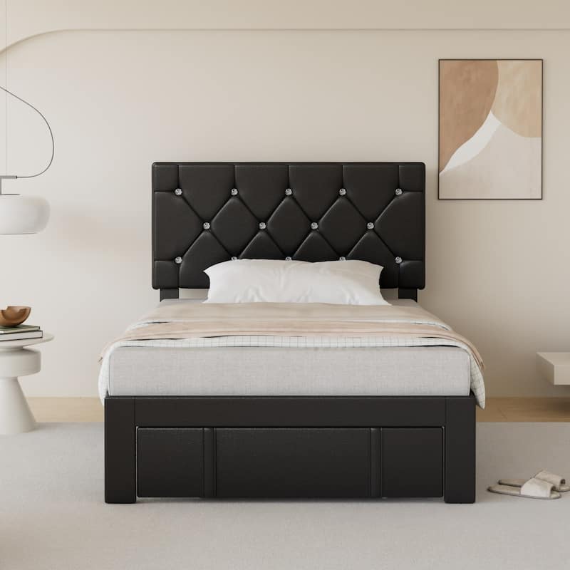Javlergo 2-Piece Twin Bed Frame Set 39.4-45.3" Adjustable Height PU Leather Headboard with Diamond Embellishment Storage Drawer