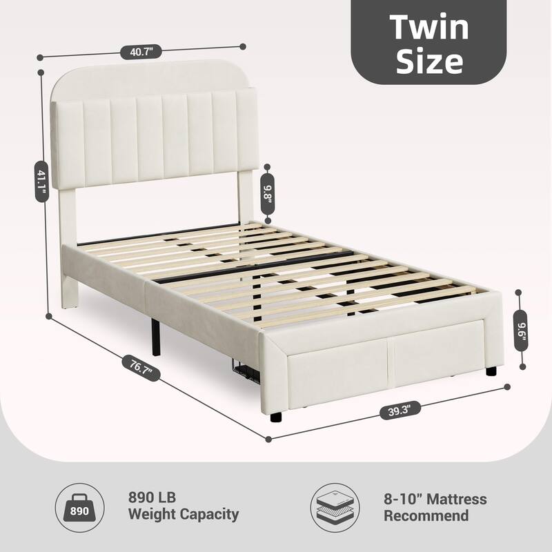 Twin Bed Frames for Kids, Velvet Upholstered Platform Bed Frames with Drawer and Bookcase Headboard, Girls Boys Bed