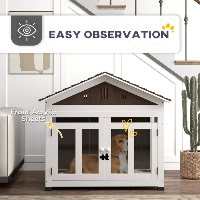 Dark Brown and White Wooden Dog Crate with Acrylic Front Door Removable Floor Elevated Design