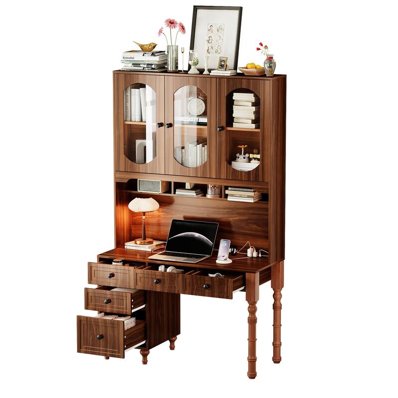 Retro Office Desk Executive Computer Desk with Charging Ports & Hutch, 5 Storage Drawers, Glass-Door Bookshelf