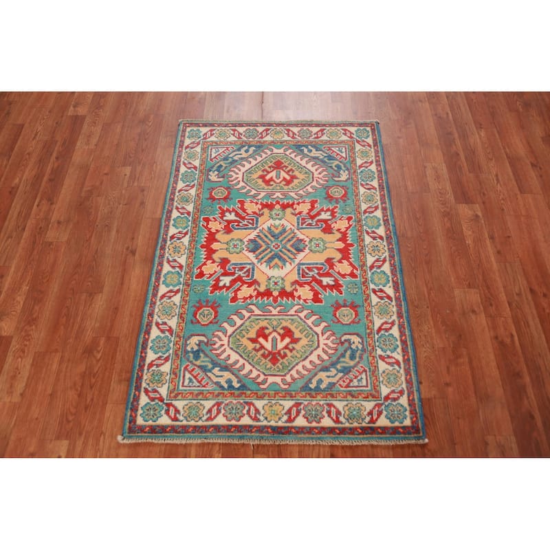 Turquoise Kazak Foyer Rug Hand-Knotted Wool Carpet - 2'8"x 4'1"
