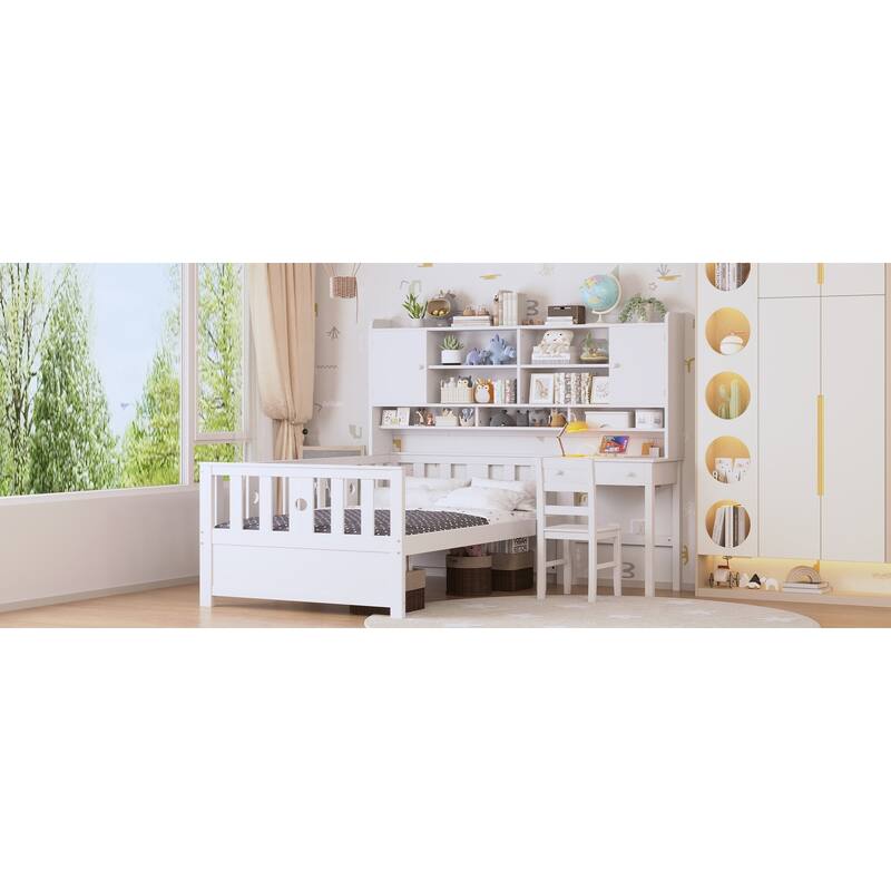 Twin Size Multifunctional Wood Platform Bed with Bookshelf,Built-in Desk and Matching Chair