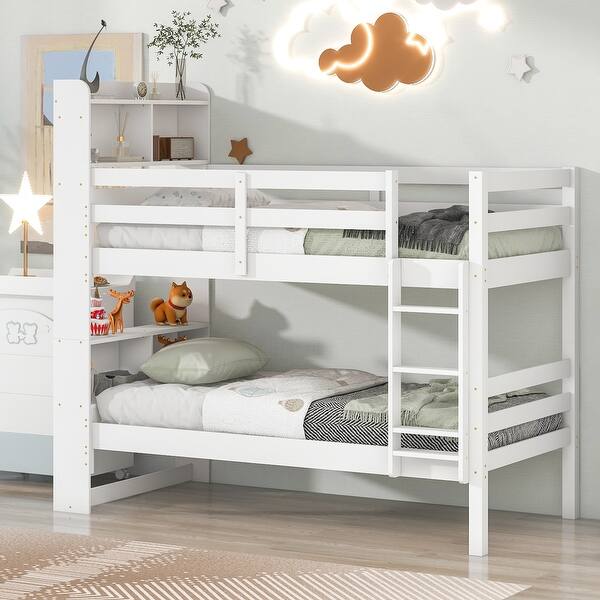 slide 2 of 17, Twin Size Solid Wood Detachable Bunk Beds with Bookcase Headboard, Safety Rail, Ladder, Converts to 2 Beds White