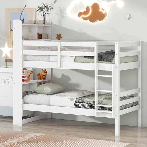 slide 2 of 9, White Solid Wood Detachable Bunk Beds with Bookcase Headboard, Safety Rail, Ladder, Convertible Twin - White