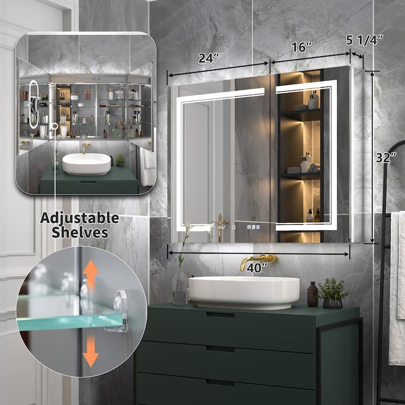 Modland Recessed Smart Mirror Cabinet 24-48x32" with Lights, Anti-Fog, Outlet & Magnifier - Adjustable Shelves - 40x32