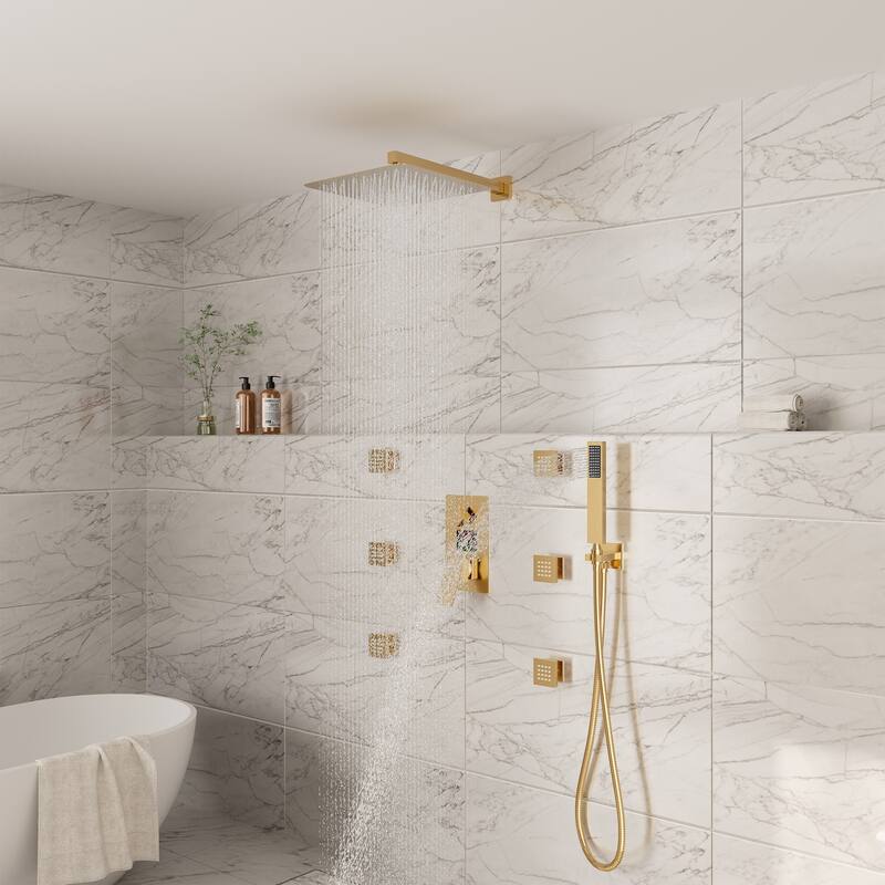 Pressure-Balanced 3-Spray 12 in. Wall Mount Shower System with Handheld Shower Head and 6 Body Jets - 12" x 12"