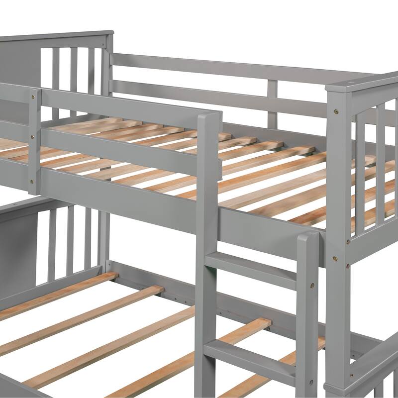 Twin Over Twin Bunk Bed with Ladder, Solid Wood Low Bunkbed Frame