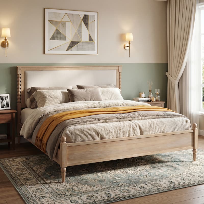 Christopher Knight Home - Traditional Wooden Platform Bed with Upholstered Headboard and Spindle Accent Design