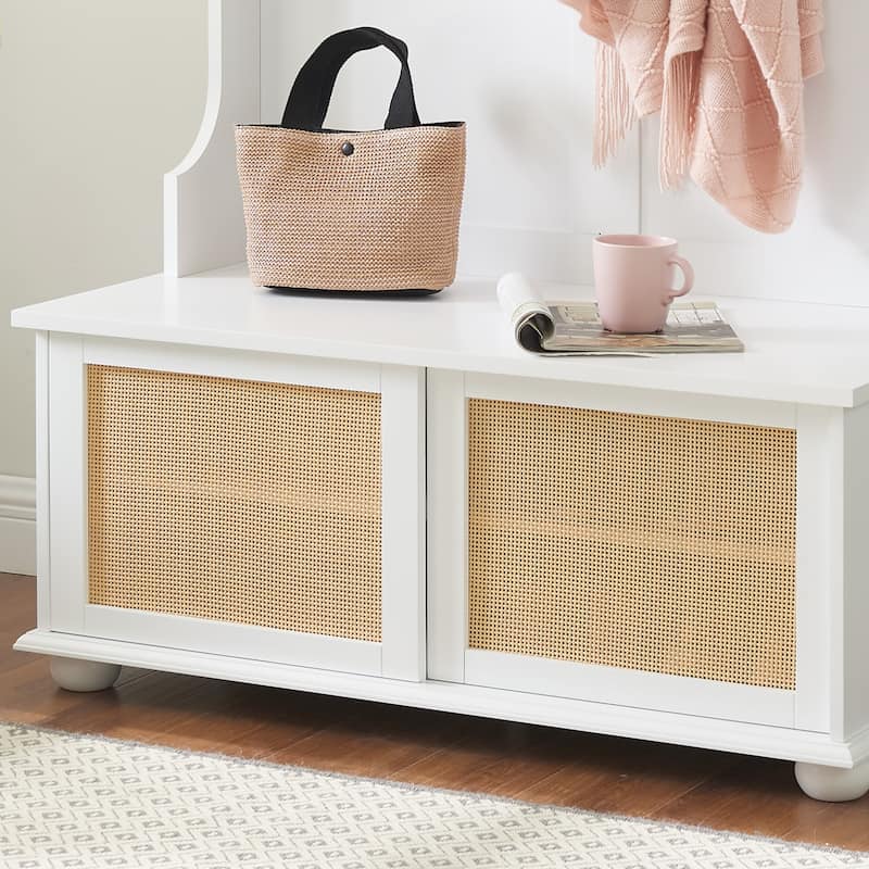 Hall Tree Storage Bench with Rattan Door, Shoe Bench with Adjustable Shelf