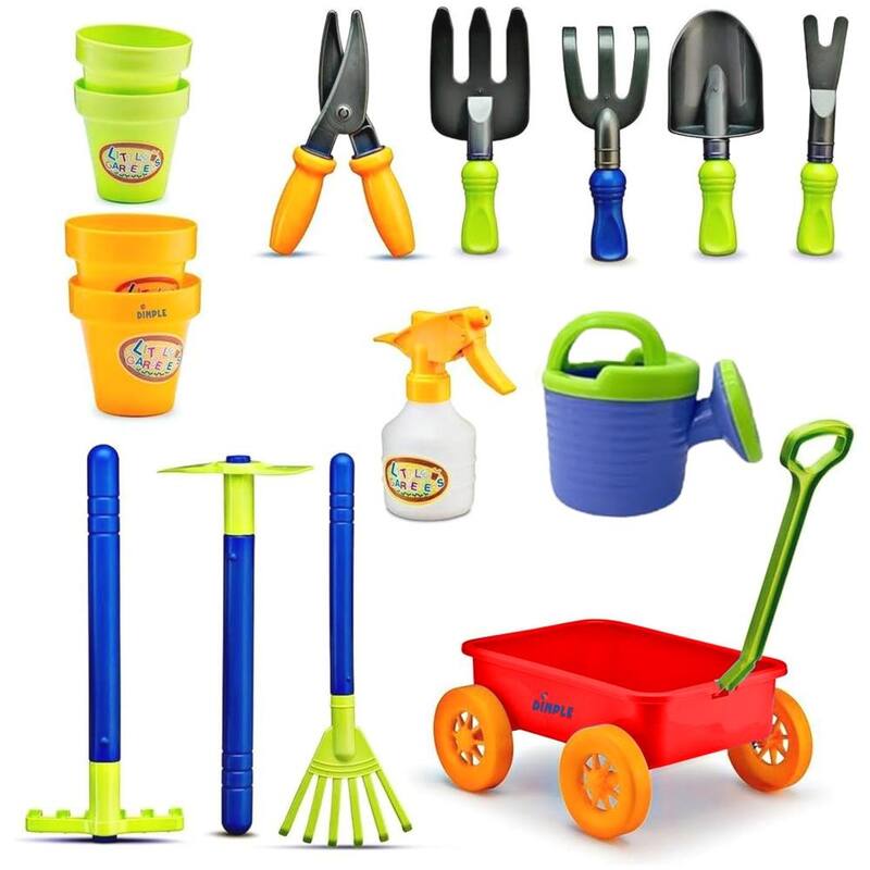 Dimple Garden Wagon & Tools 15-Piece Play Set – Outdoor Toy Gardening Kit for Toddlers and Kids, Sandbox, or Beach Play, Ages 3+ - 2-4 Years - Multi