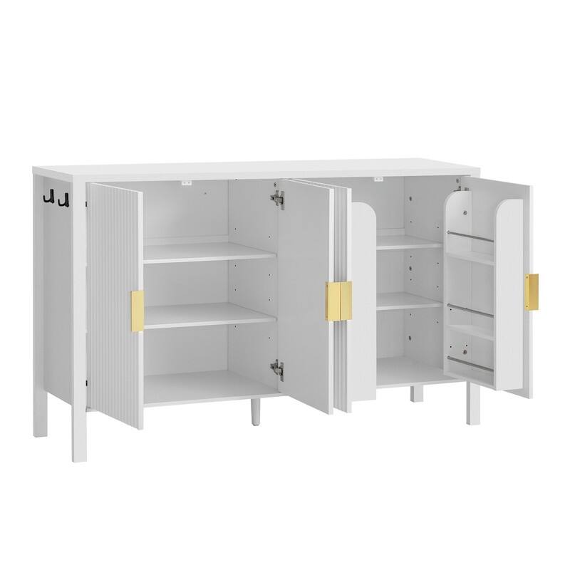 Modern 57.5" Fluted Door 4-Door Sideboard with Side Hooks and Adjustable Shelves