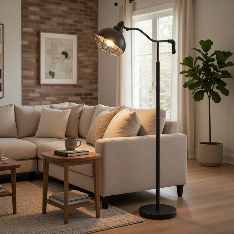 Loga 56 Inch Floor Lamp with Adjustable Cage Style Shade, Black Iron