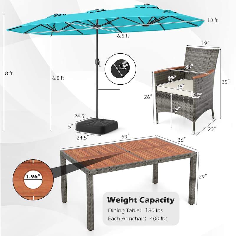 Gymax 8-Piece Patio Dining Set w/ Double-Sided Market Umbrella Acacia