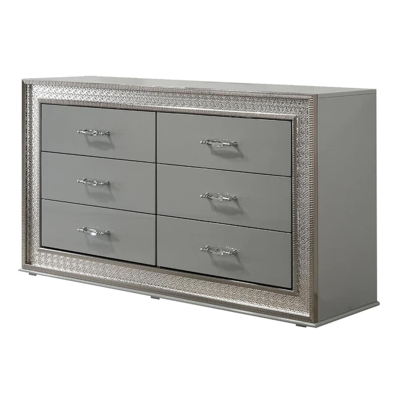 Cyl 6 Drawer Wide Dresser, Metallic Gray Solid Wood with Chrome Trim