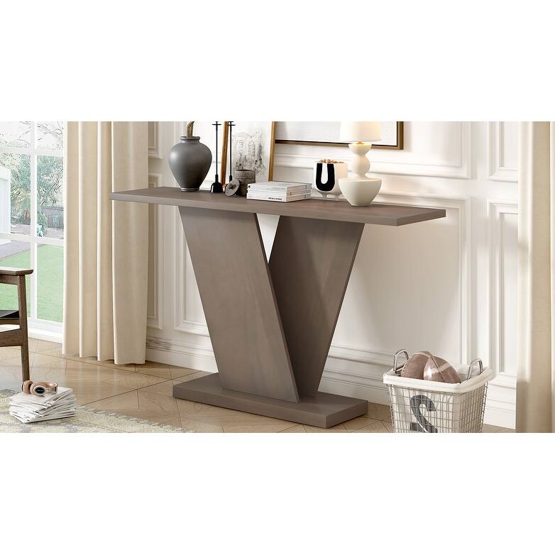 V Base Design Console Table with Natural Wood Veneer - taupe