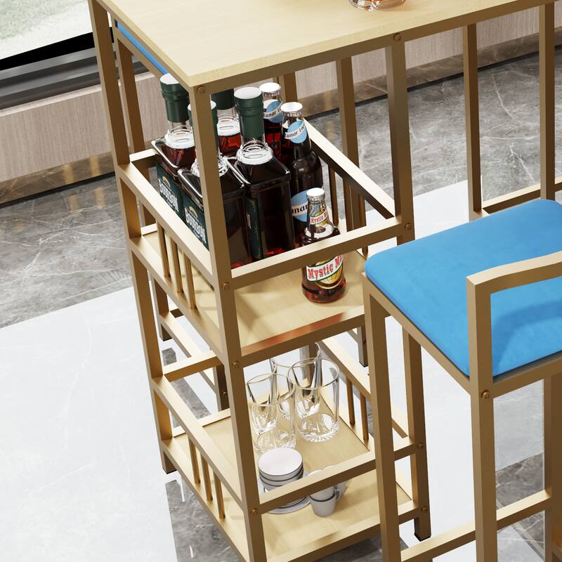 5-Piece Bar Table Set with 4 Navy Stools & Storage Shelf