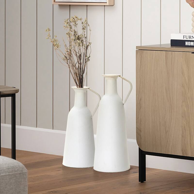 2-Pc White Iron Metal Pitcher Vase Set