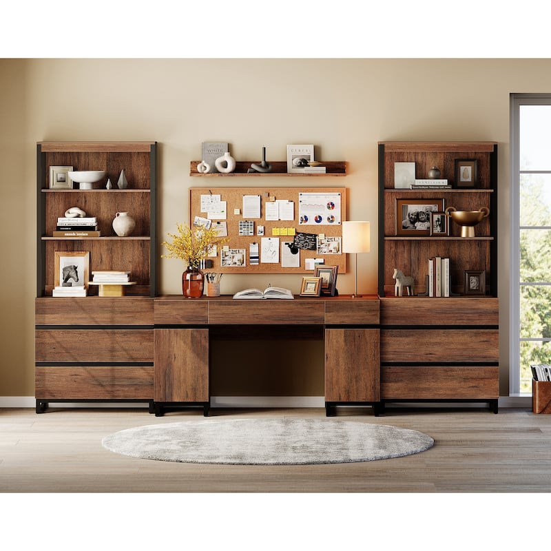 WAMPAT 59" Executive Desk with Charging Station & Storage Cabinet + 72" Tall Bookcase with 6 Drawers.
