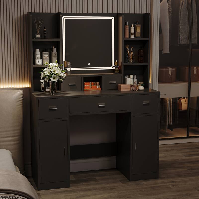Makeup Vanity Table with Smart Lighted Mirror, Modern Vanity Desk Dressing Table w/ 6 Open Shelves, 2 Hiden Shelves, & 5 Drawers