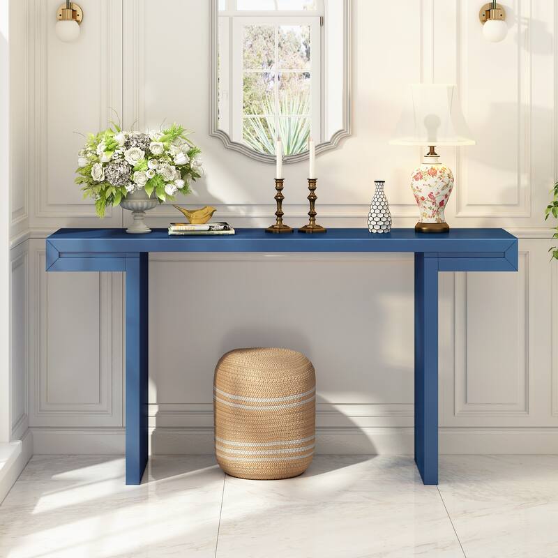 Large 60" Console Table with Geometric Clean Lines Design and Adjustable Feet - Dark Blue