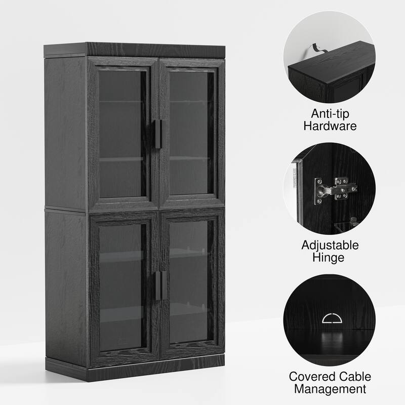 Wood Bookshelf Storage Cabinet with 2 Glass Door and Adjustable Shelf for Kitchen Bedroom Entryway Living Room Dinning Room