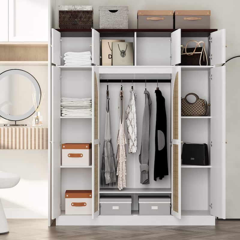 70.87" 8-Door Large Capacity Armoire Wardrobe Closet with Hanging Rod, Adjustable Shelves and Rattan Decorative Doors