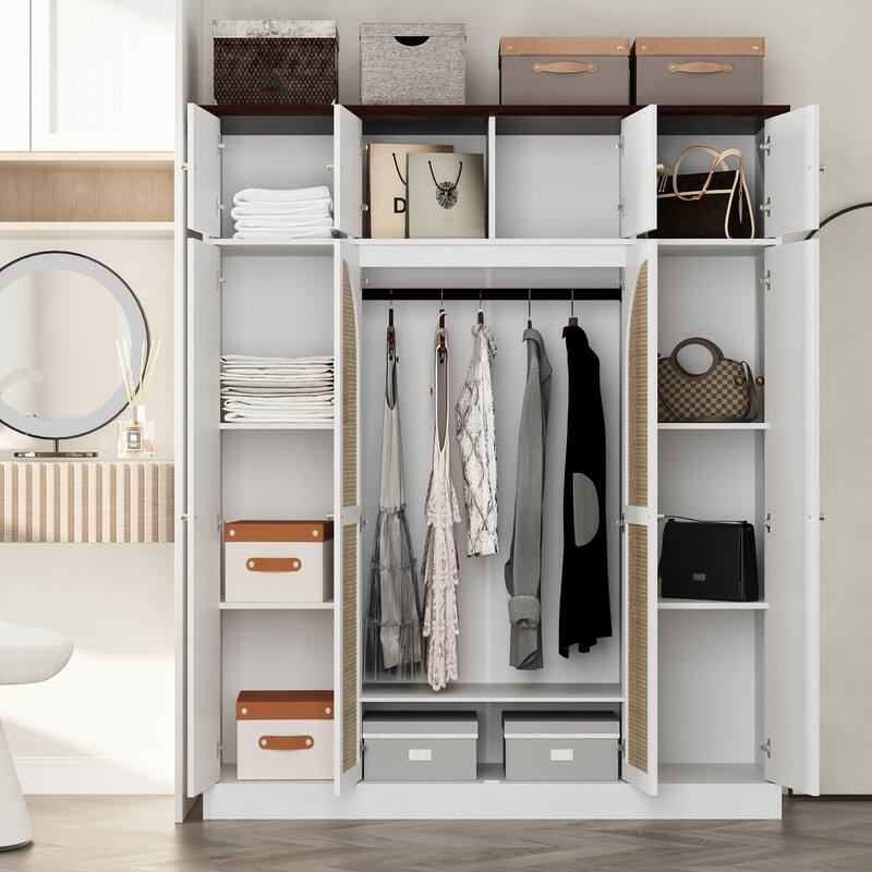 70.87" Large Armoire Wardrobe with 8 Rattan Doors - Adjustable Shelves & Hanging Rod for Bedroom, Walk-In Closet