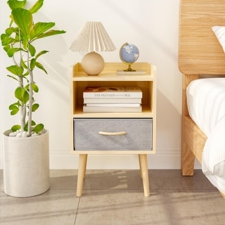 Wood Side Table with Collapsible Fabric Drawer and 2-Tier Storage for Kids and Adults